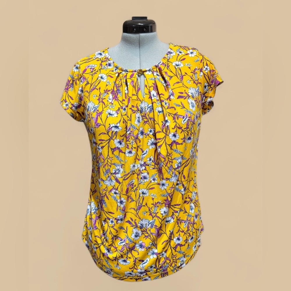 Liz Claiborne Career Yellow Floral Blouse w/ Front Keyhole- Women’s L